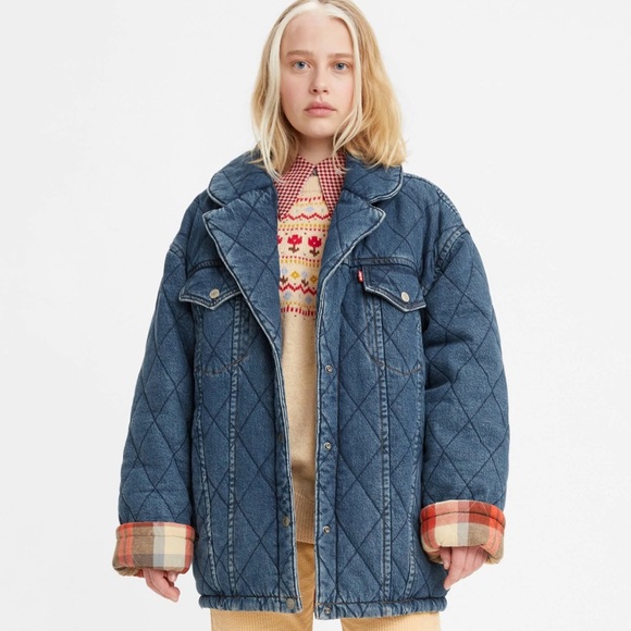 Levi’s Reversible Oversized Trucker Jacket Flannel Lined Blue/Red Plaid - Large - Picture 1 of 14